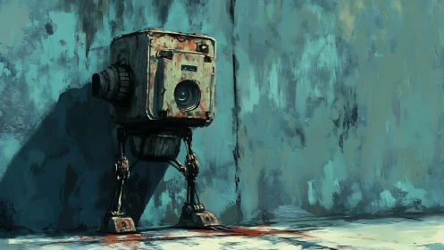 Box-like bipedal robot against worn teal concrete wall.