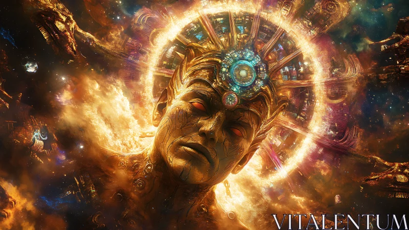 Cyborg head with radiant mechanical halo dominates starfield