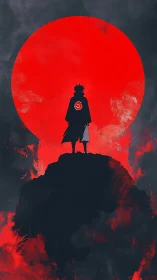 Solitary warrior silhouette before blazing red moon.