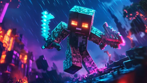 Voxel warrior in neon storm with dual phase blades engaged.