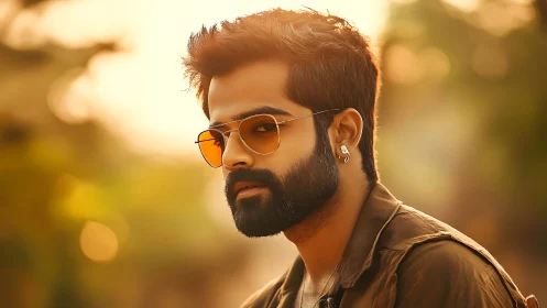 Backlit bearded man in amber sunglasses under warm bokeh glow