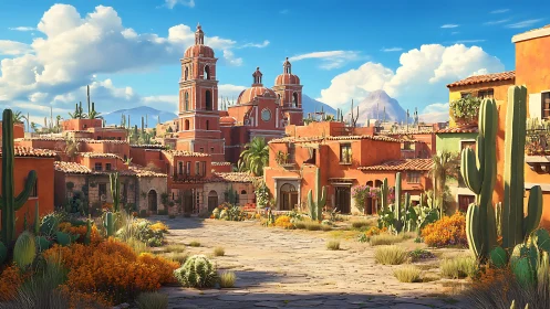 Colorful desert town street basks beneath vivid blue skies.