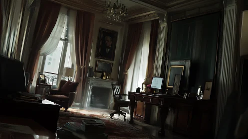 Sunlit classic study with ornate desk and tall draped windows.