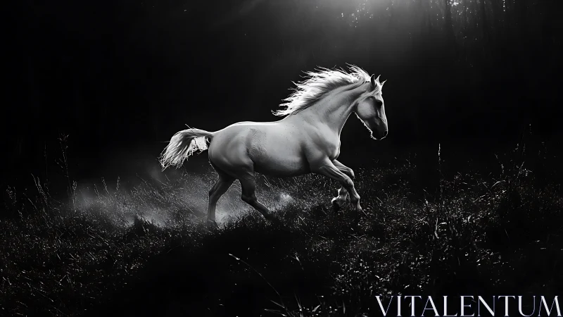 Galloping white horse in dramatic backlit nightscape.