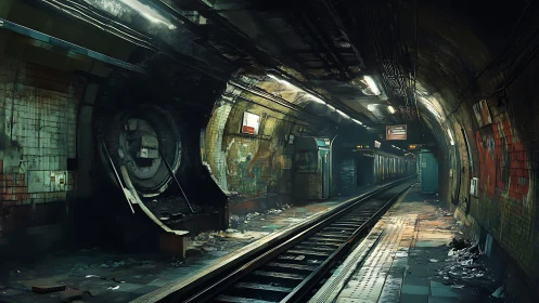 Deserted underground subway platform in heavy decay.