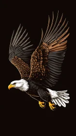 Stylized bald eagle in dramatic mid-flight illustration.