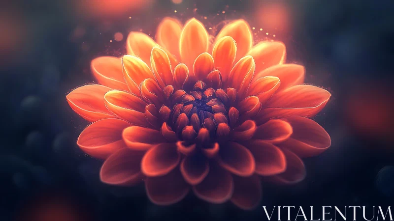 Glowing orange dahlia blossoms within soft dark bokeh glow