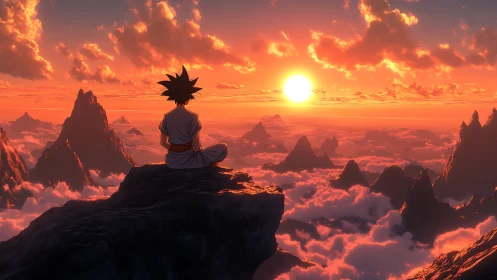 Anime warrior meditates above glowing cloud-capped peaks at sunset.
