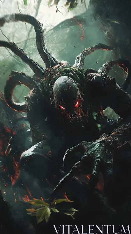 Bioluminescent forest fiend advances through corrosive mist