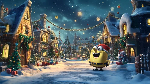 Cartoon yellow elf in hyper-detailed snowy Christmas village.