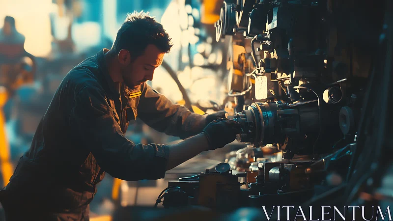 Industrial mechanic working on large machine in workshop.