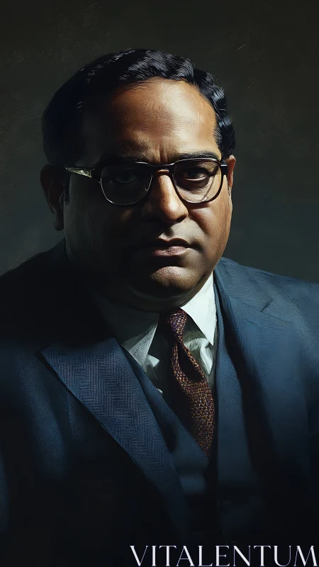 Stoic man in blue suit under dramatic studio lighting.
