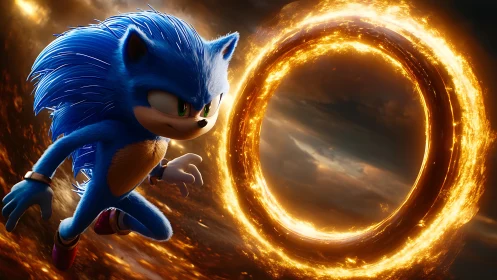 Blue speedster races a blazing cosmic ring of fire.