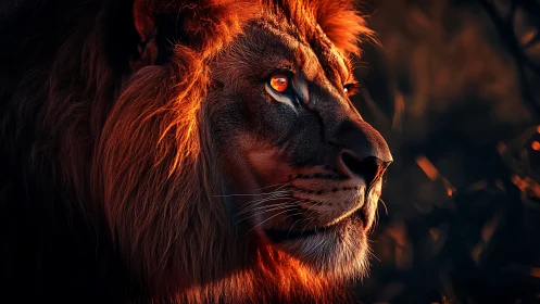 Lion portrait burns with dramatic sunset rim lighting