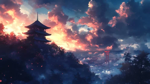 Twilight pagoda skyline beneath blazing painted clouds.