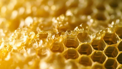 Golden honeycomb macro with glistening viscous detail.