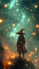 Solitary mage observing bioluminescent forest fireflies.