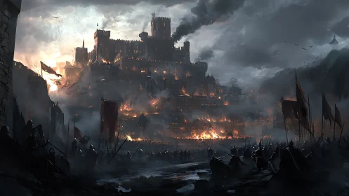 Night siege on burning fortress citadel under storm clouds