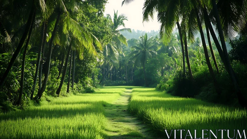 Path runs through bright green rice field under tall palms