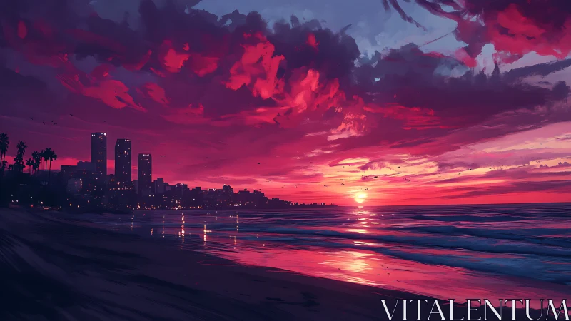 City shoreline under vivid magenta and blue sunset sky.