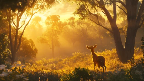 Young deer in sunlit forest clearing at golden hour.