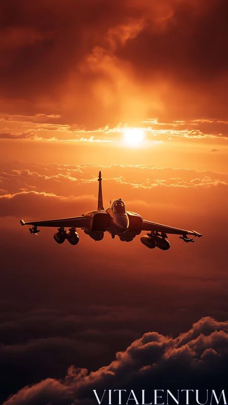 Jet fighter glides through molten sunset over stormy clouds
