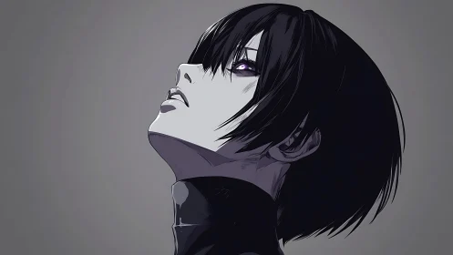 Moody anime portrait of dark haired character in profile.