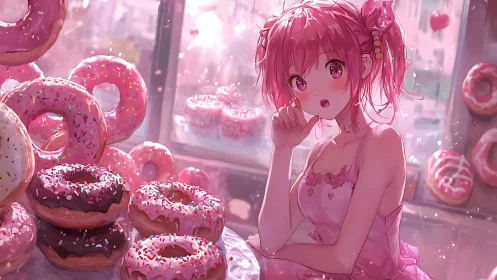 Pink-haired daydreamer in a sparkling donut daydream café.