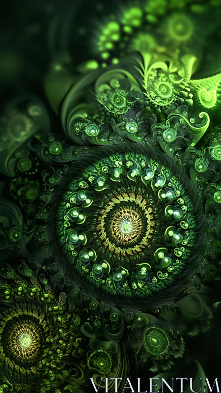 Radially symmetric green fractal spirals with luminous vortex cores