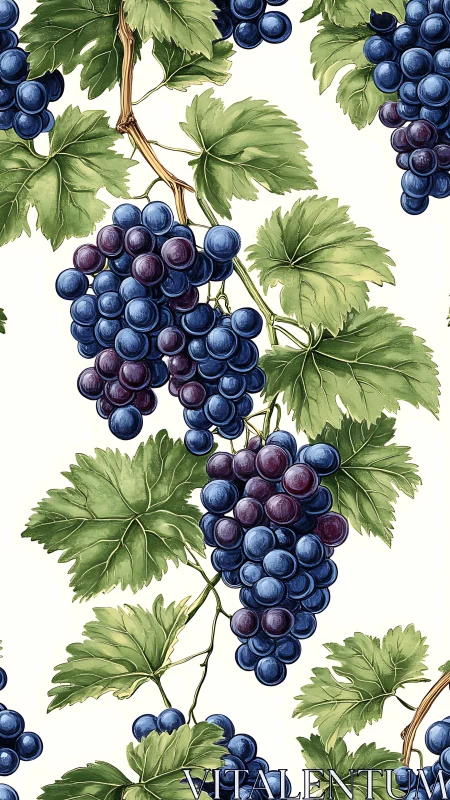 Plump grape clusters hang on leafy vines in vintage pattern