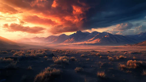 Stormlit desert range under fire-kissed twilight sky.