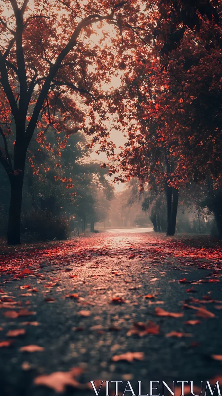 Tree-lined park path with red autumn leaves on ground.