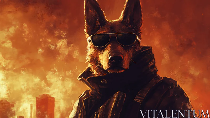 Tactical canine operative against incendiary urban skyline.