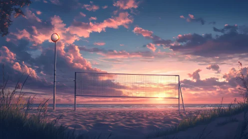 Empty beach volleyball court at sunset with clouded sky.