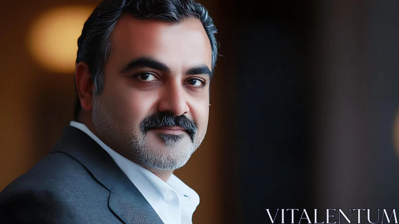 Middle-aged man in suit against blurred interior background.