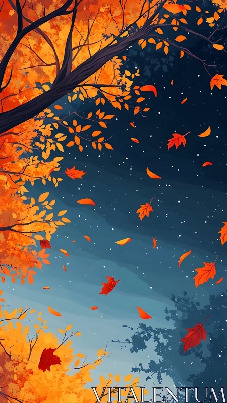 Gentle autumn leaves drifting softly across twilight sky.