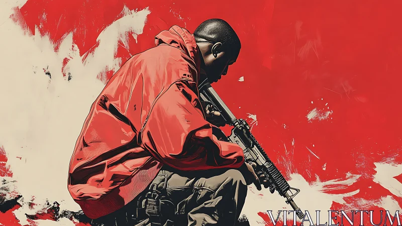Figure in red jacket holding rifle against abstract red field