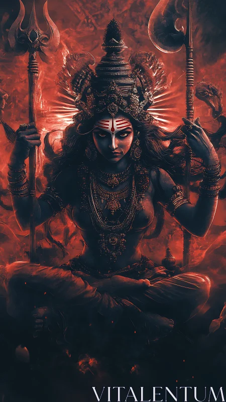 Intense fiery goddess figure with weapons in meditation.