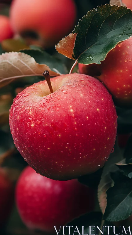 Ripe red apple hangs on branch under soft natural light