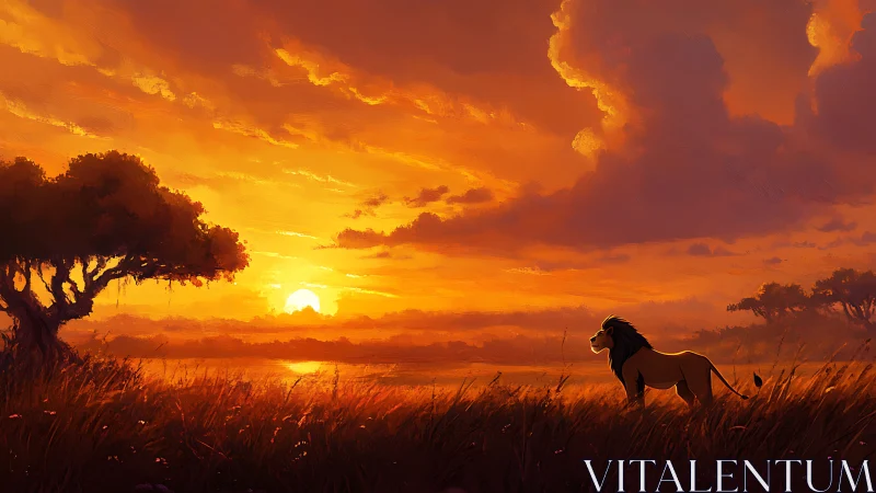 Lone lion in tall grass under expansive orange sunset sky.