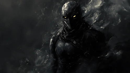 Dark armored bird-masked warrior emerging from swirling smoke.