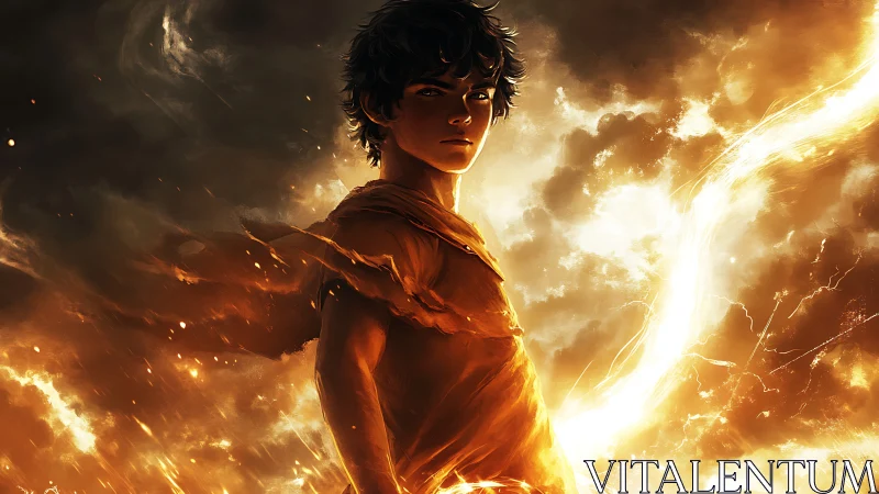 Fire-lit storm child wielding a burning horizon of light.