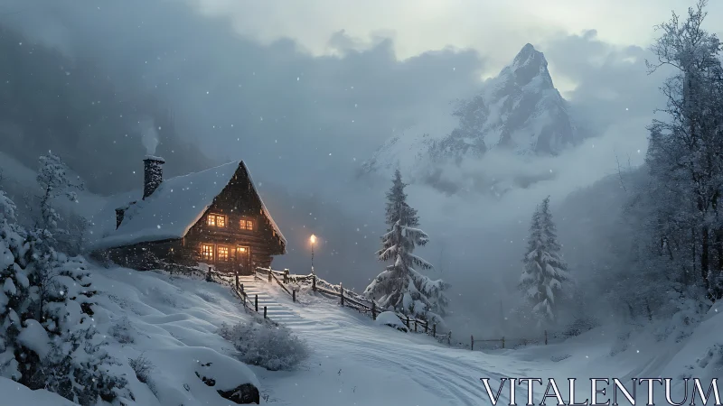 Snowy mountain cabin with warm lights and tall pine trees.