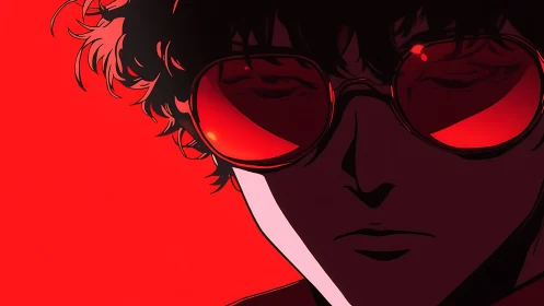 Moody red glow around a quiet anime rebel in shades.