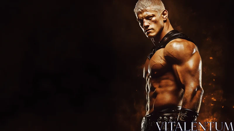 Battle-scarred warrior in molten cinematic backlight.