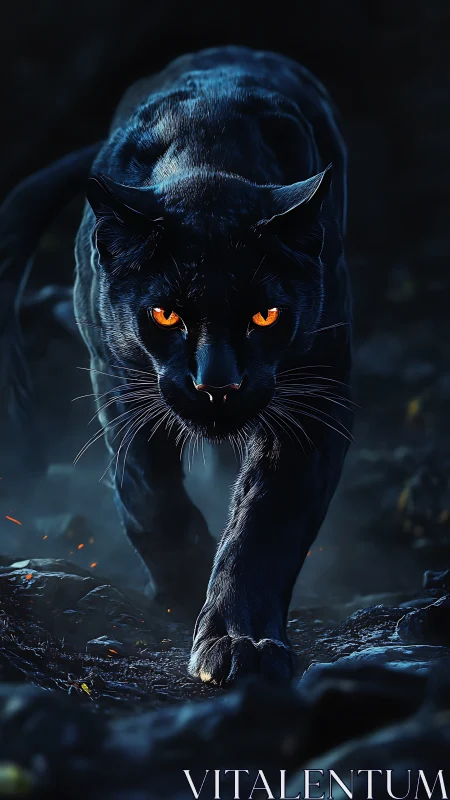 Black panther stalks forward through smoky ember-lit shadows