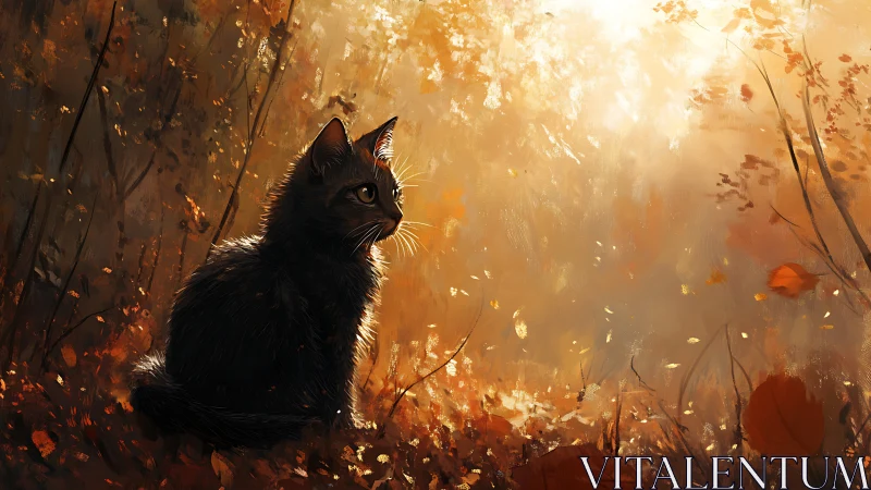 Curious black cat resting in a softly glowing autumn forest.