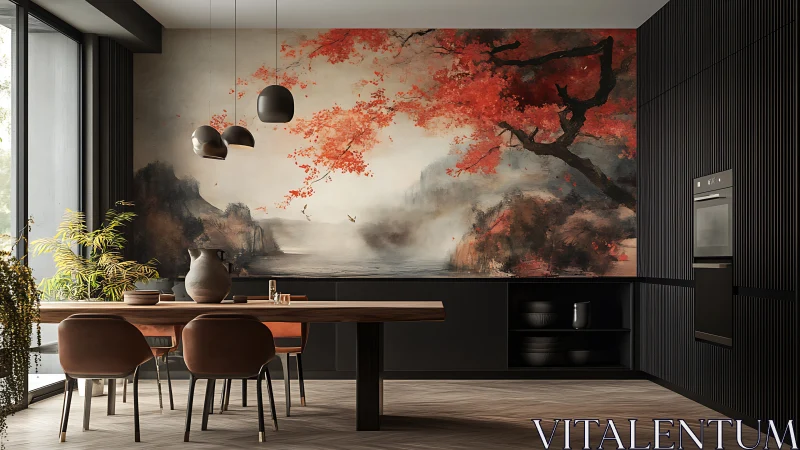 Modern kitchen interior with large mural of misty landscape.