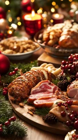 Holiday roast charcuterie platter under warm bokeh lighting.