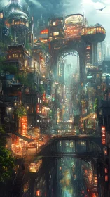 Neon drenched cyberpunk city glows through a rainy night